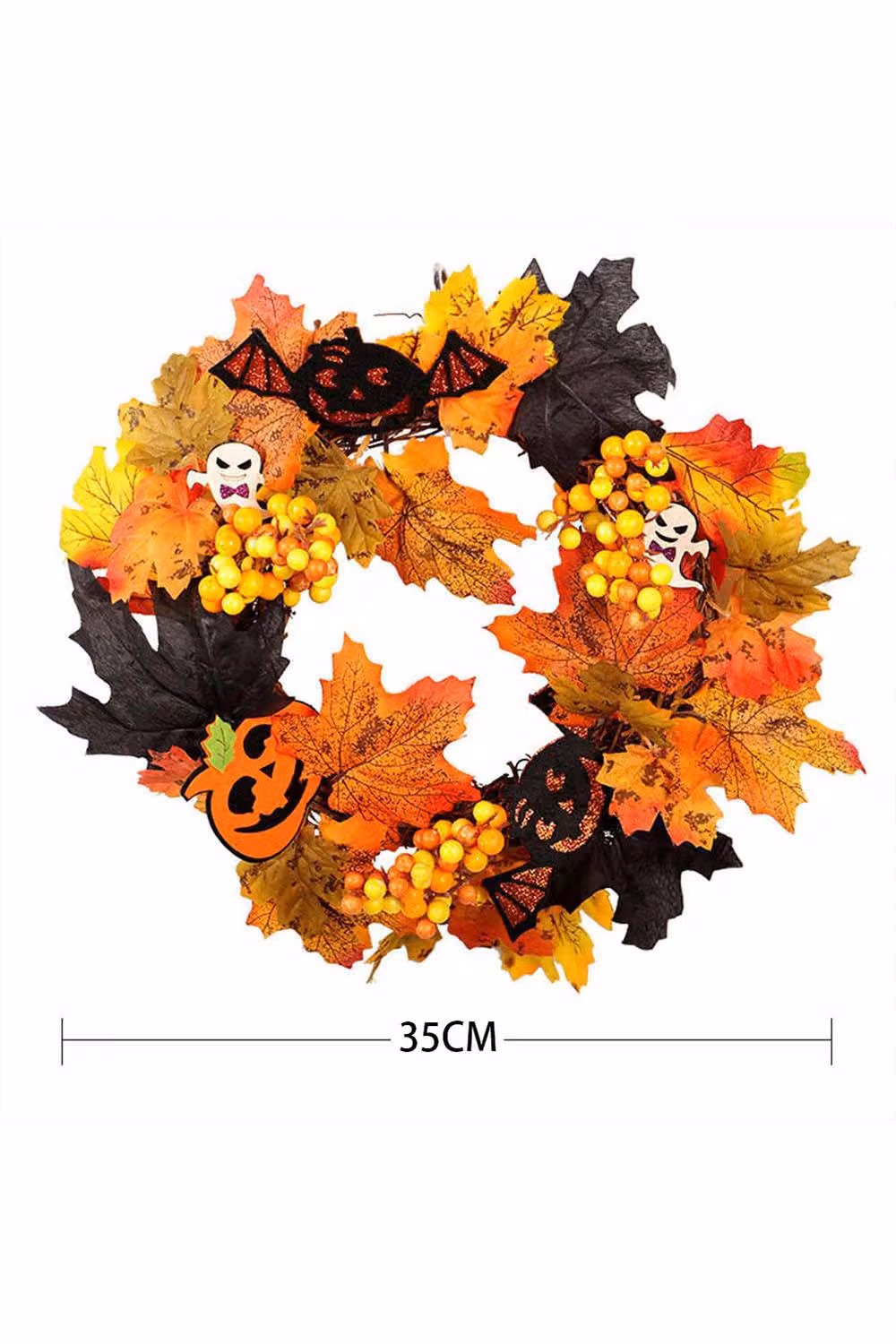 H&O Direct Orange Halloween Wreath with Maple Leaves, Berries and LED Lights, Diameter: 35 cm – 3