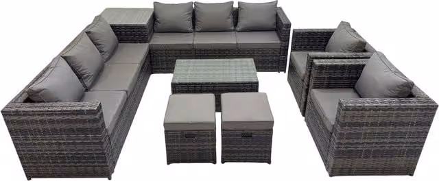 Fimous 10-Seater Dark Grey PE Rattan L-Shape Corner Garden Sofa Set with Ottoman and Tempered Glass Coffee Table