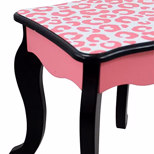 Teamson Kids Leopard Print Wooden 2-Piece Play Vanity Set with Tri-Fold Mirror, Storage Drawer and Matching Stool, Black and Pink – 8