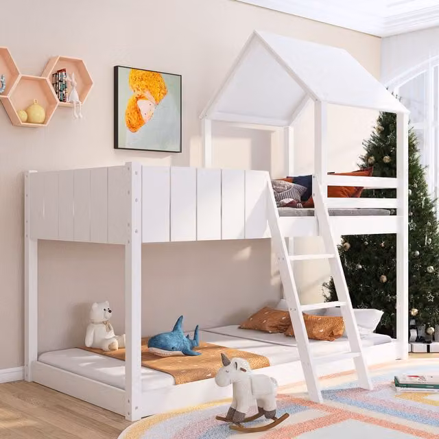 Matteo Solid Wood Single Loft Bunk Bed with Ladder and Guard Rail in White, W/D/H: 90 x 190 cm – 1