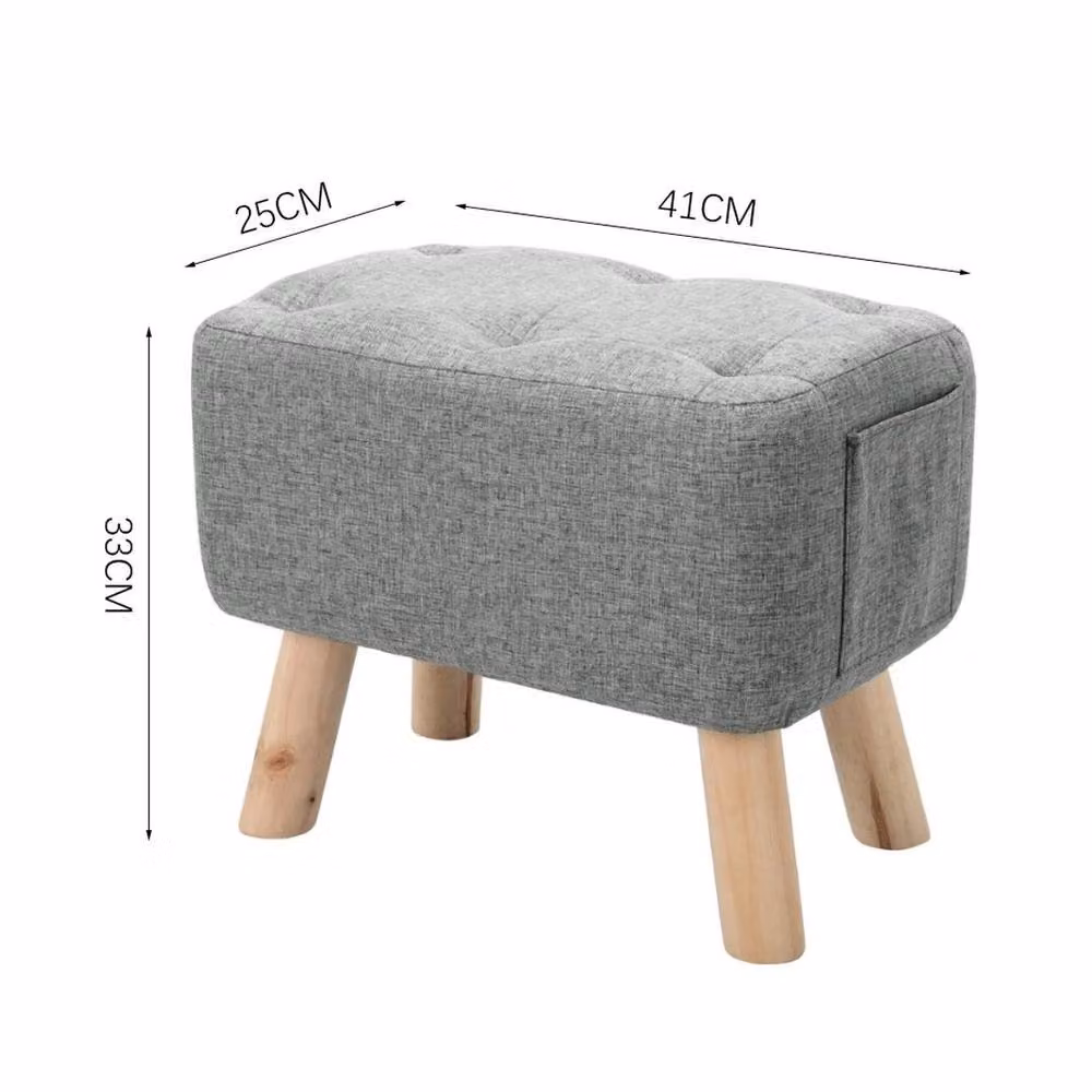 Kelvenix Grey Linen Tufted Footstool Pouffe with Oak Wood Frame – 2