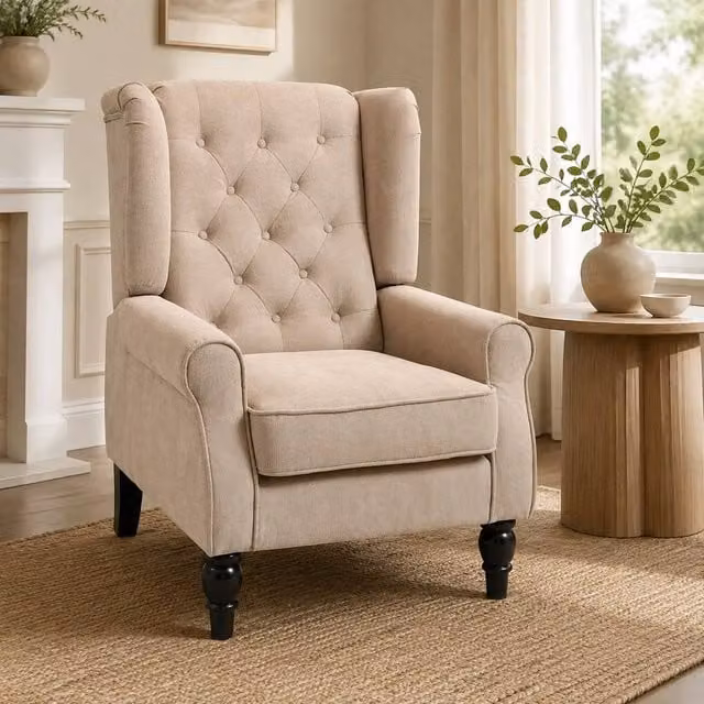 STILVORA Beige Wingback Armchair with Pocket Springs and Solid Wood Frame, W/D/H: 102.0 x 74.0 x 86.0 cm