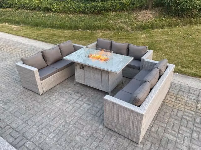Fimous Light Grey U Shape Lounge Sofa and Dining Set with Gas Fire Pit Table