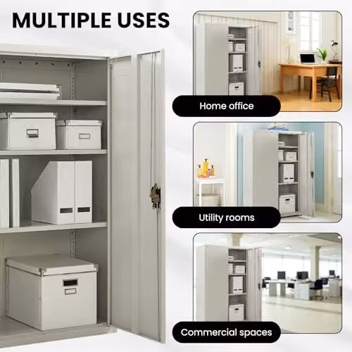 MMT Furniture Designs Ltd Metal Storage Cabinet with Lockable Hinged Doors and Adjustable Shelves, Grey, H 140 cm x W 90 cm x D 40 cm – 6