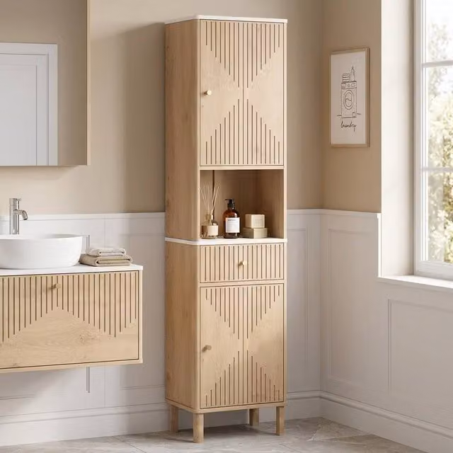 STILVORA Scandinavian Style Bathroom Cabinet in Light Oak with Internal Drawers and Shelves