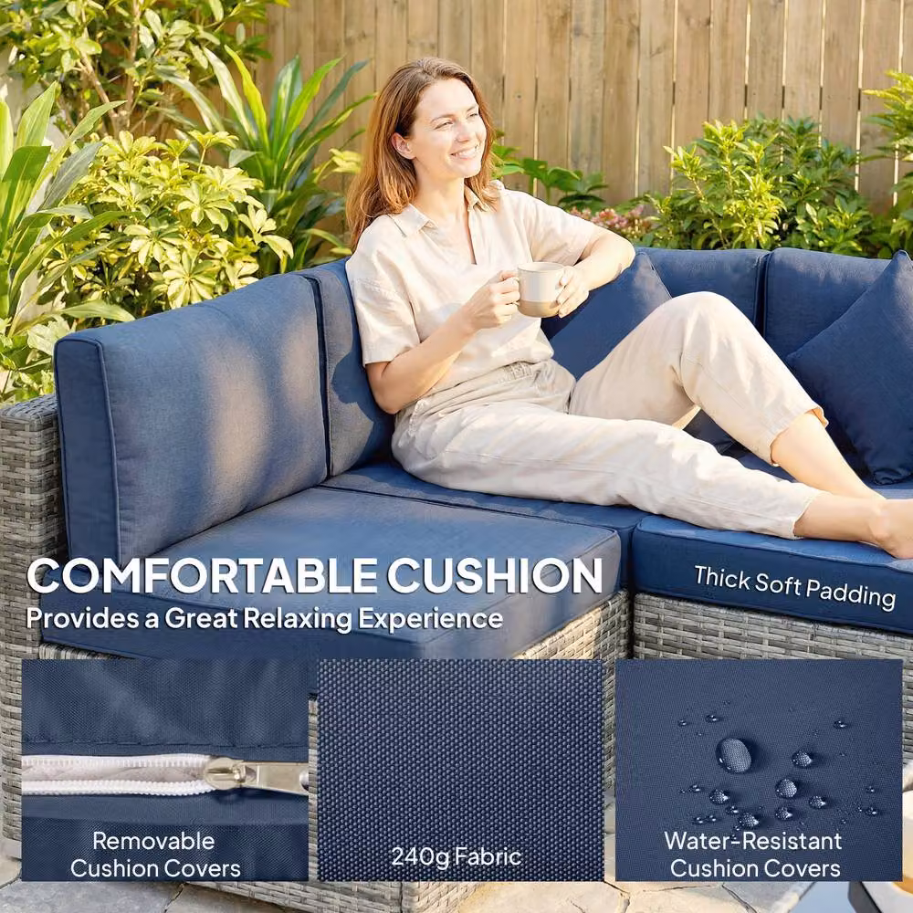 Outsunny 8 Piece L-Shape Rattan Garden Furniture Set with Blue Upholstered Cushions, Coffee Table and Ottoman – 5