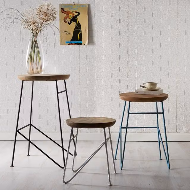 IH Design Retro Set of 3 Cylindrical Stools in Two-Tone Sheesham Wood and Metal