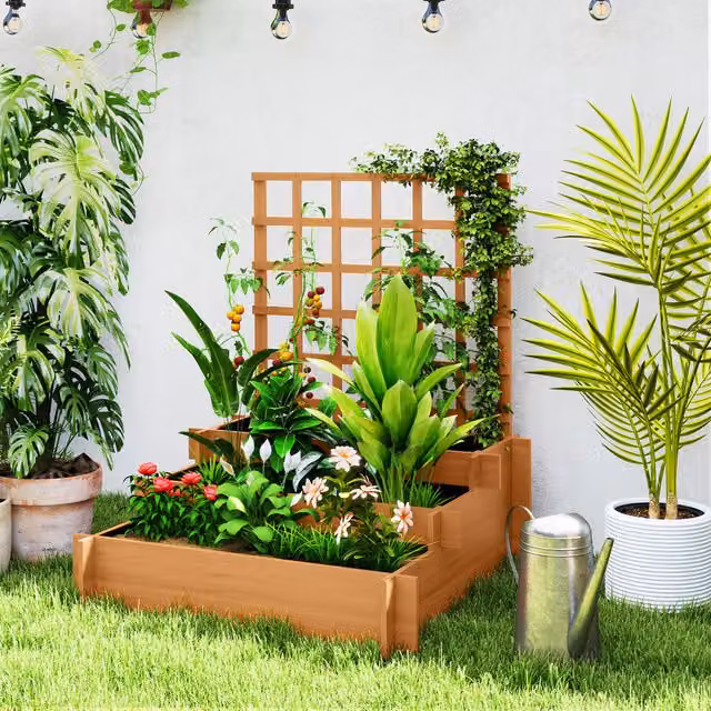Outsunny 3 Tier Wooden Raised Garden Bed with Trellis in Brown