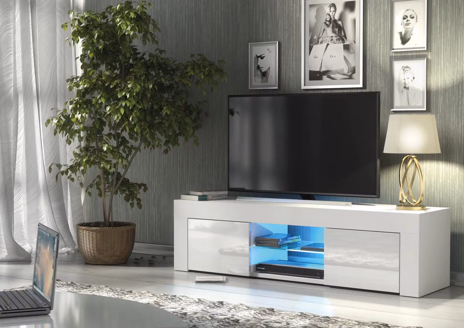 Mex Furniture LTD Modern Glossy White TV Unit with LED Lights, W: 130 cm, D: 35 cm, H: 35 cm – 2