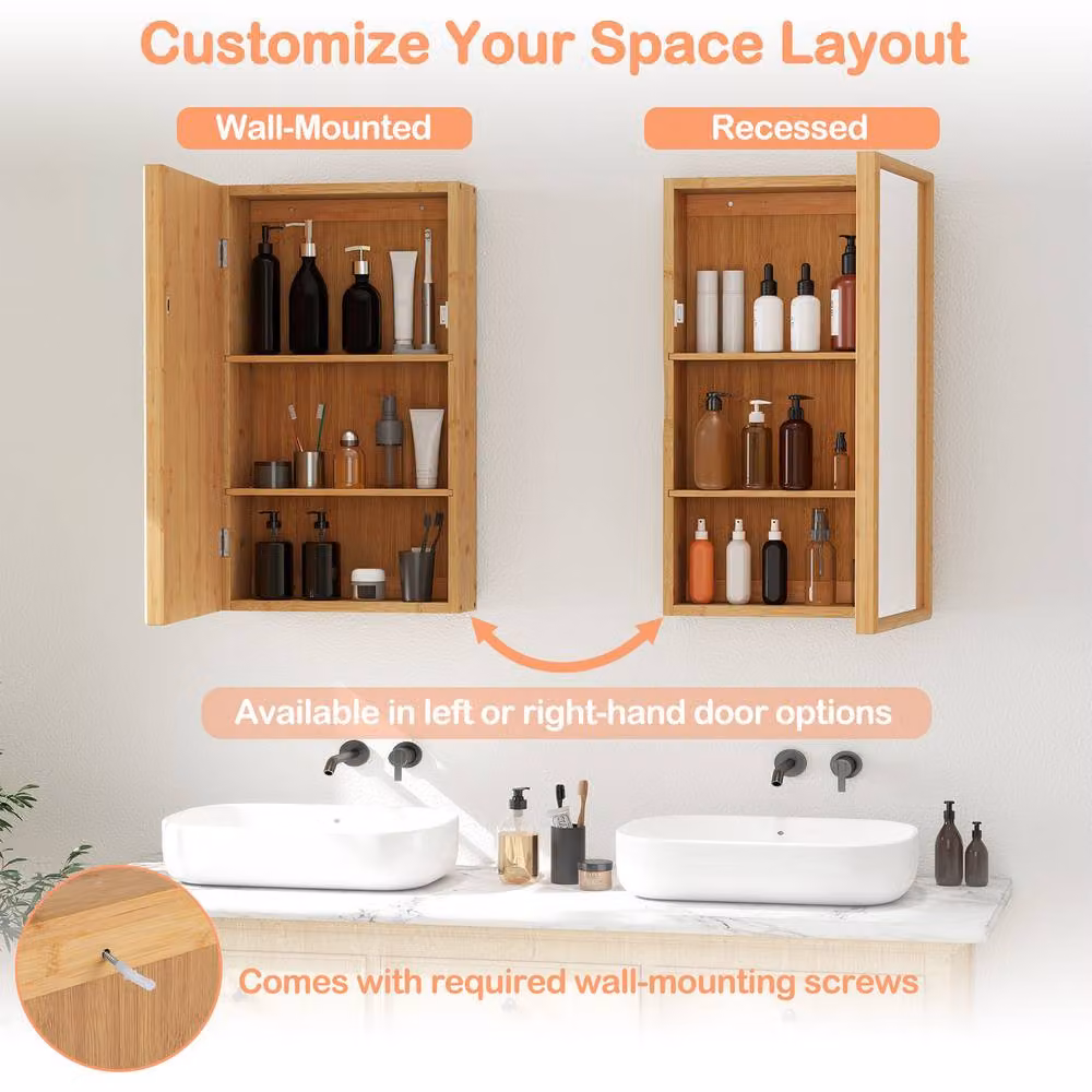 Costway Bamboo Bathroom Wall Medicine Cabinet with Mirror and 2 Shelves in Natural Brown – 3