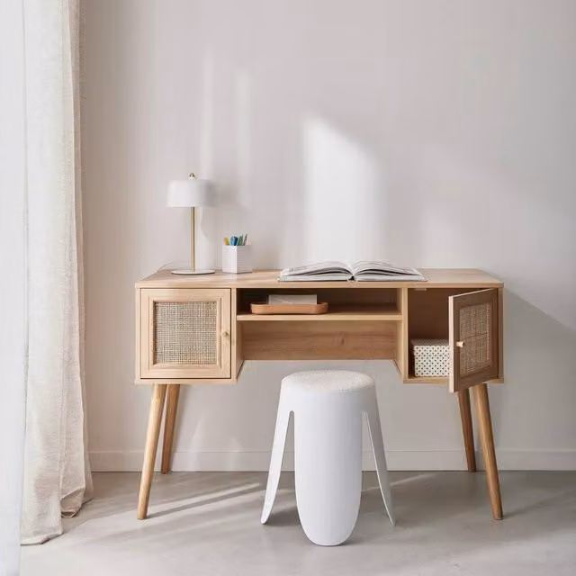 Sweekeet 2-Door Retro Writing Desk with Wood and Cane Effect in Brown, W/D/H: 120 x 55 x 76.5 cm