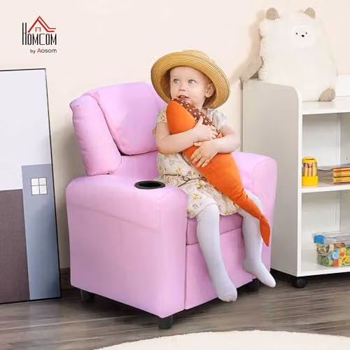HOMCOM Kids Recliner Chair in Pink with Adjustable Backrest and Footrest, Synthetic Leather and Solid Wood Frame – 2