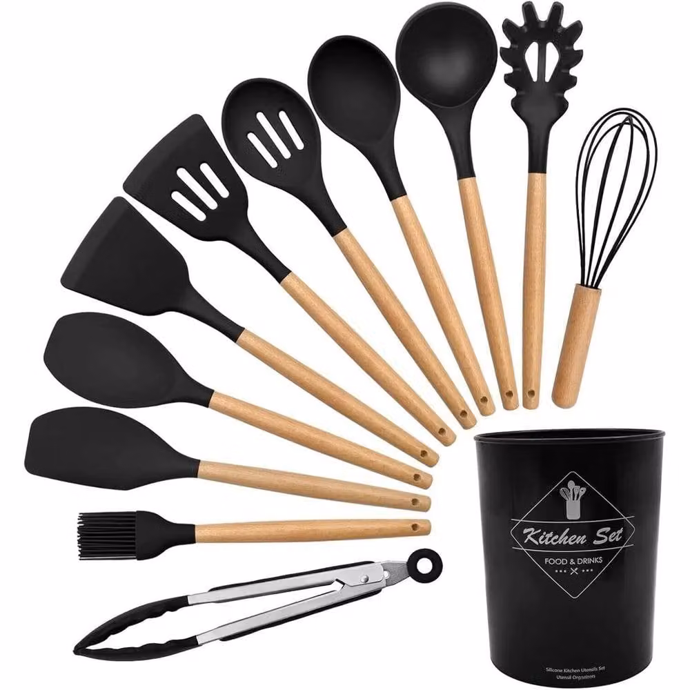 Pawnora 12 Piece Black Silicone Kitchen Utensil Set with Wooden Handles – 3