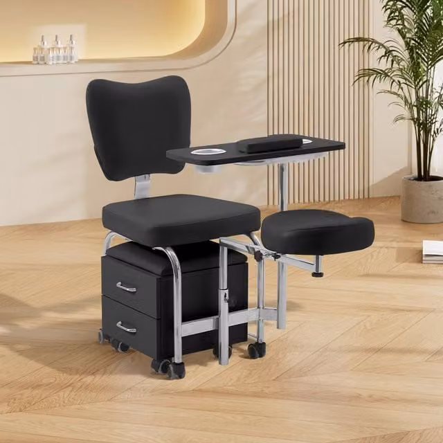 Livingandhome Manicure Pedicure Nail Station with Mobile Storage Stool in Black