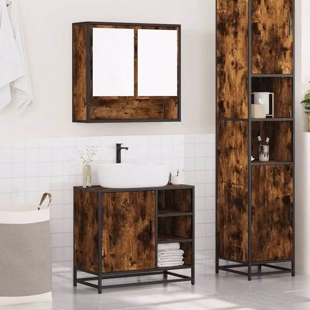 Berkfield Home 2 Piece Industrial Bathroom Furniture Set in Brown Smoked Oak with Vanity Unit and Mirror Cabinet – 1