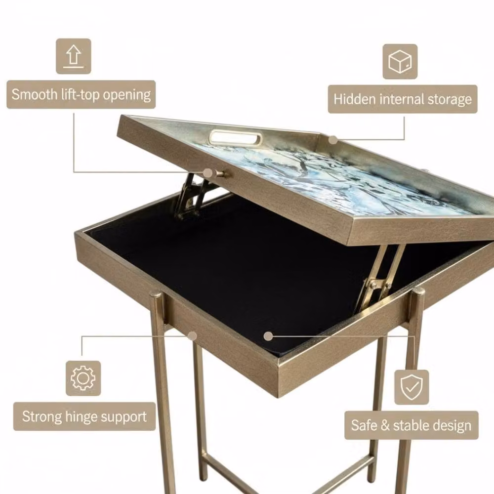 Minster Stylish Living Ltd Set of 2 Square Marble-Effect Tray Top Tables with Gold Metal Frames – 2