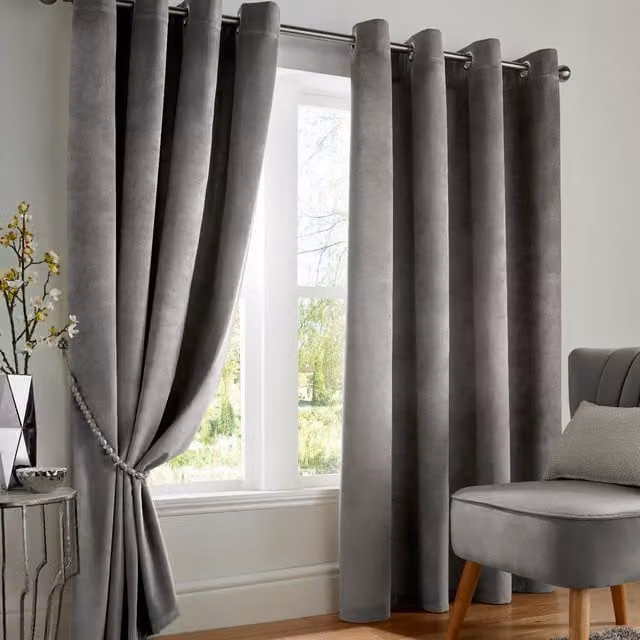 Terrys Silver Grey Velvet Thermal Insulating Blackout Eyelet Curtains