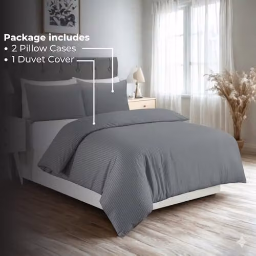 MHG Textiles Grey Striped Double Duvet Cover Set with Pillowcases, Cotton-Rich Polycotton Bedding, W/D/H: 200 x 200 cm – 2