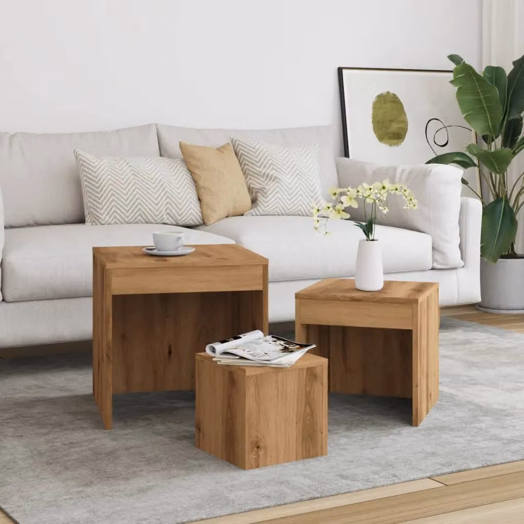 Berkfield Home Nesting Tables, 3 Piece Set in Brown Artisan Oak Engineered Wood – 3