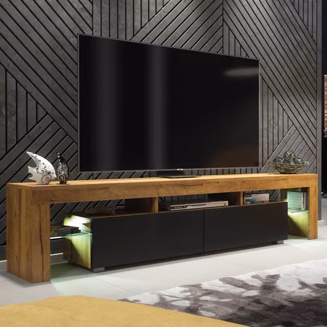 Creative Furniture Nova Modern Matt Oak and Black TV Unit, W: 200 cm, H: 45 cm, D: 35 cm