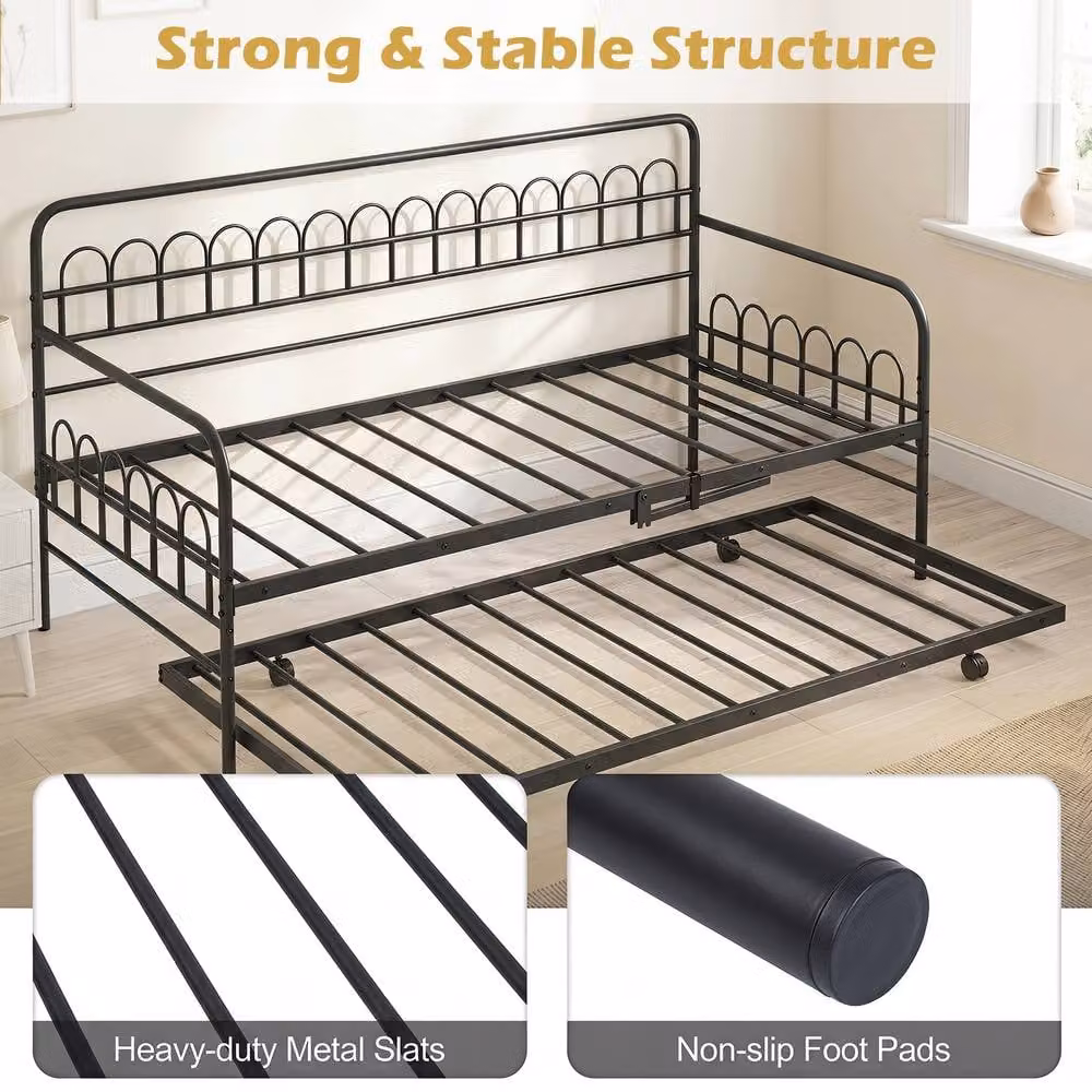 Costway Single Metal Daybed with Trundle and Curved Backrest in Black – 5