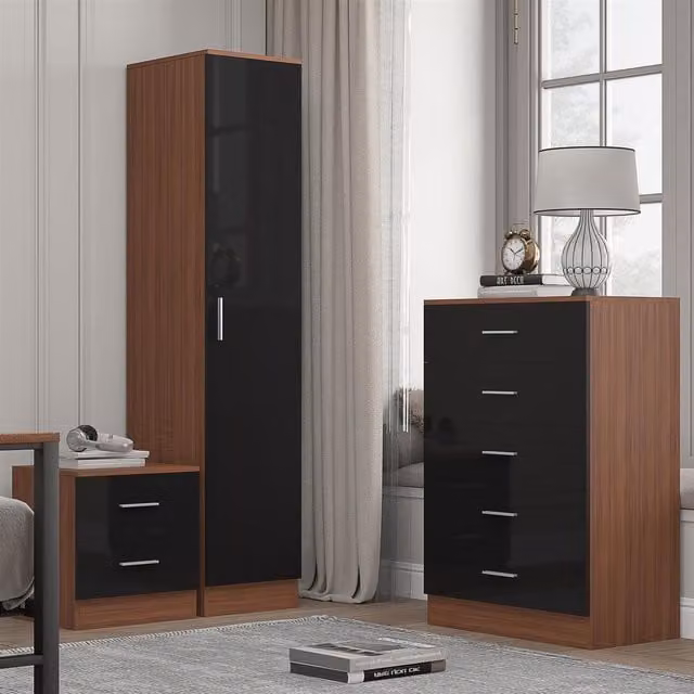 REFLECT Bedroom Furniture Set with 1 Door Wardrobe, 5 Drawer Chest and Bedside Table in Black Gloss and Matt Walnut