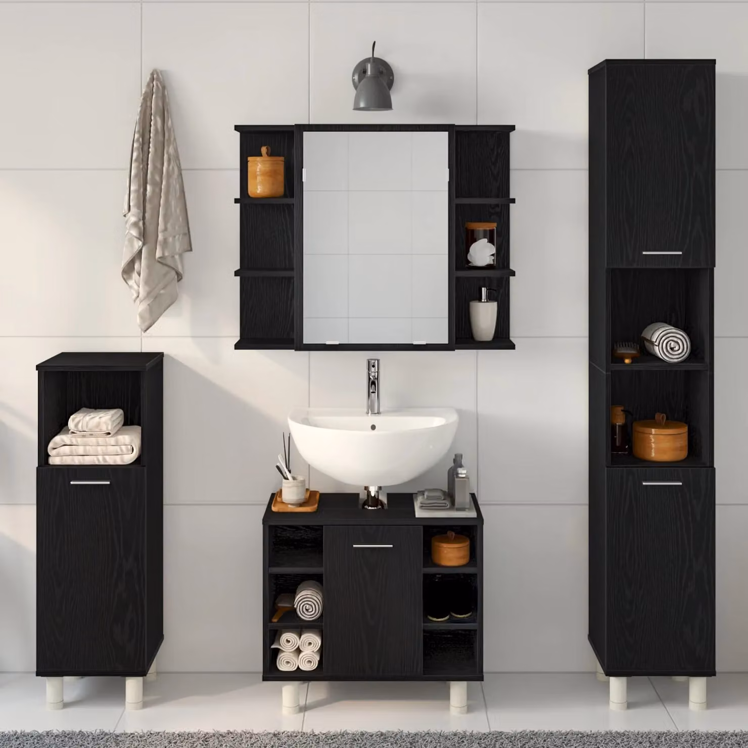 Berkfield Home 4 Piece Black Oak Modern Bathroom Furniture Set with Freestanding Storage and Hinged Doors – 3