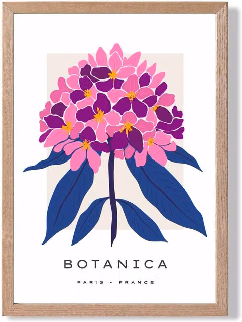 ARTZE Pink and Blue Hydrangea Flower Market Gallery Framed Print with Oak Frame, A3