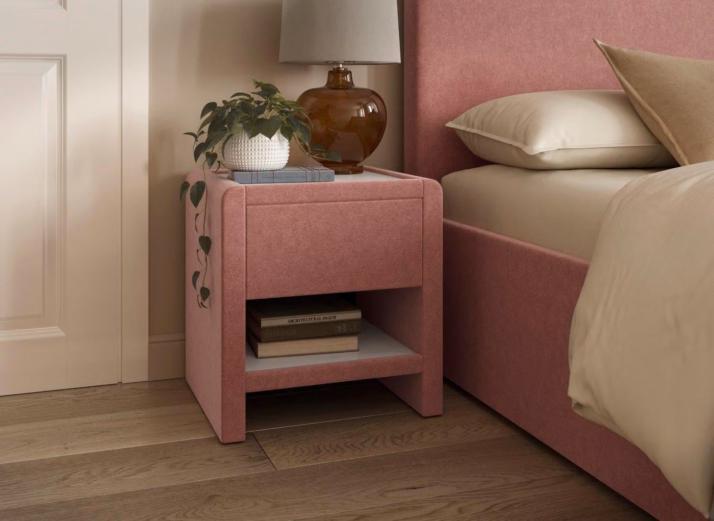 Dreams Margot Boucle Pink Upholstered Bedside Table