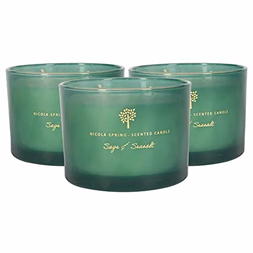 Nicola Spring Sage & Seasalt Scented Soy Wax Candles, Pack of 3, 350g Green Glass Jars – 1