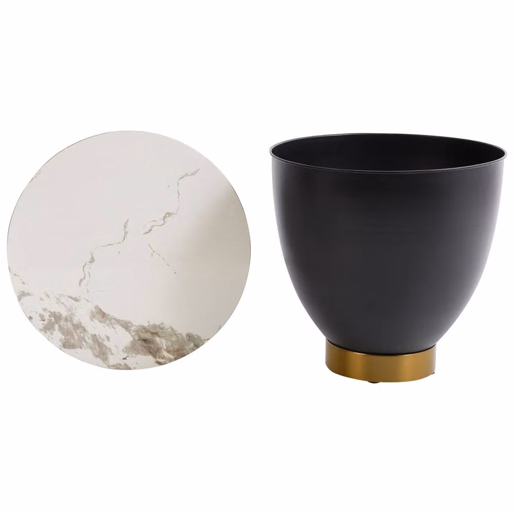 Wyld and Coco Modern Round Side Table with White Sintered Stone Top and Black and Gold Metal Base, Diameter: 48 cm – 3