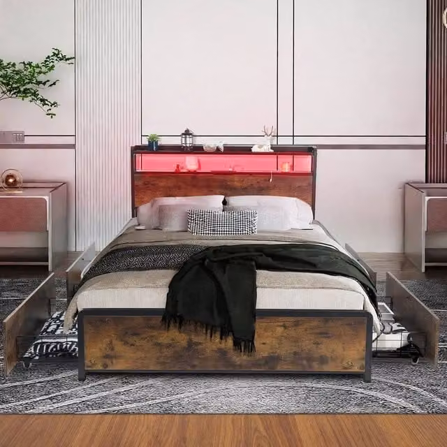 SPETLEK Double Size Metal Bed Frame with USB Charging Port and Side Compartments in Brown, W/D/H: 140 x 200 cm – 1