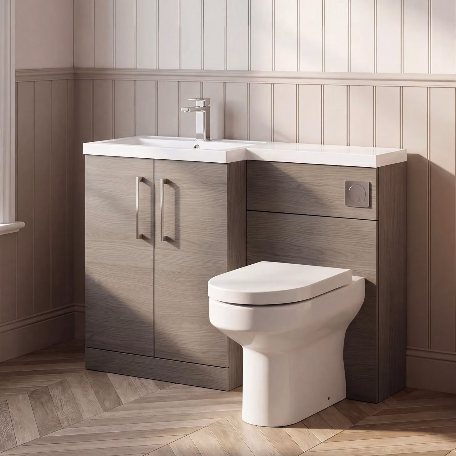 Balterley Solace Oak Floor Standing Vanity, WC Unit, Pan, Seat and Cistern Set in Brown – 3