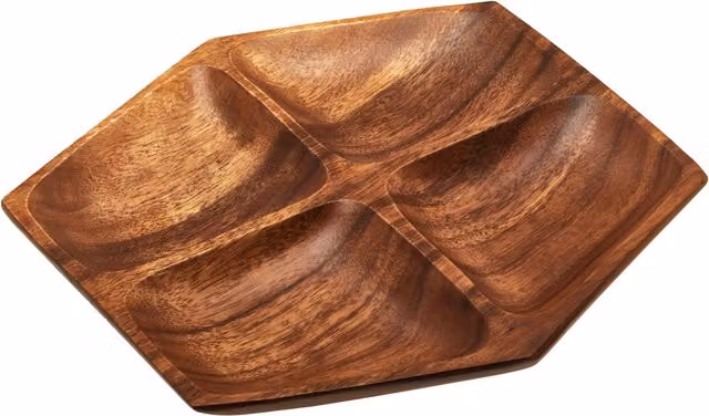 Orsina Hand Carved Acacia Wood Four Section Serving Dish, Hexagonal Geometric Platter in Brown
