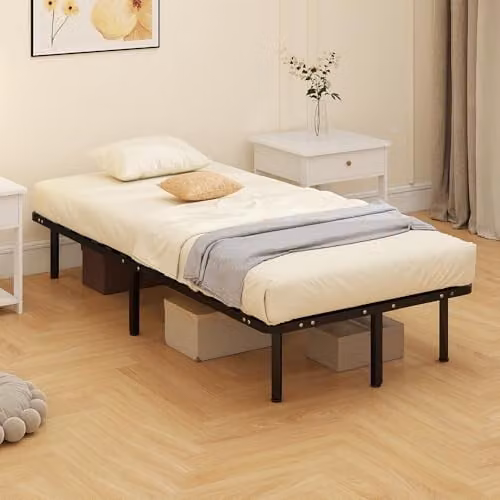 HOMCOM Black Metal Single Bed Frame with Wood Slats, W/D/H: 90 x 190 x 31 cm