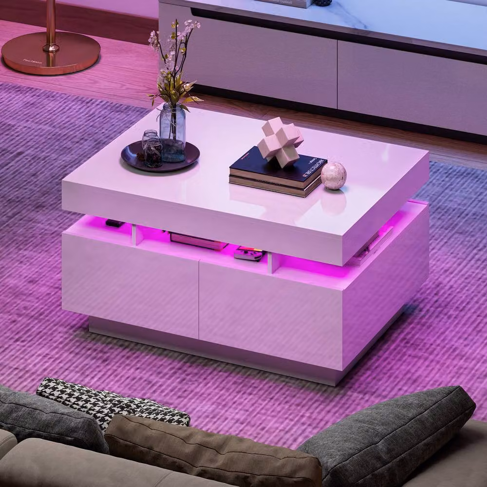 KEEPREAPER Modern Glossy White Coffee Table with 4 Drawers and LED Lights, W/D/H: 85 x 55 x 44 cm – 5