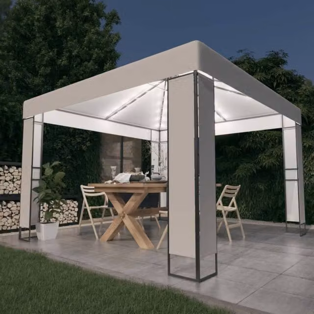Berkfield Home White Double Roof Gazebo with LED String Lights, W/D/H: 3 x 3 x 3 m