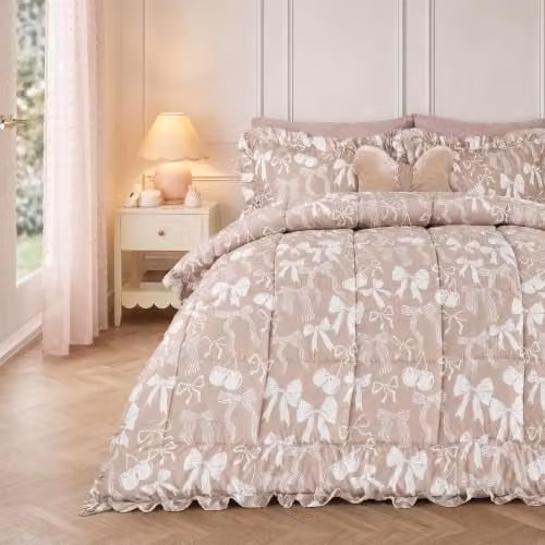OHS Reversible Bow Frill Edge Coverless Microfibre Duvet and Pillowcase Set, 7.5 Tog, Double, Beige, W/D/H: 200 x 200 x 200 cm