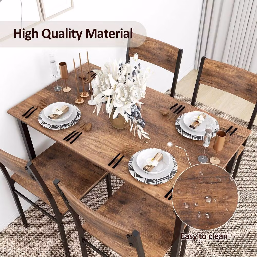 NESTLUNE 5 Piece Industrial Dining Table and Chairs Set in Brown and Black – 3