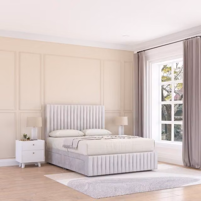 Sloomy Madison Plush Velvet Memory Foam Bed Set with 4 Drawers, Mattress and Headboard in Silver, Small Double