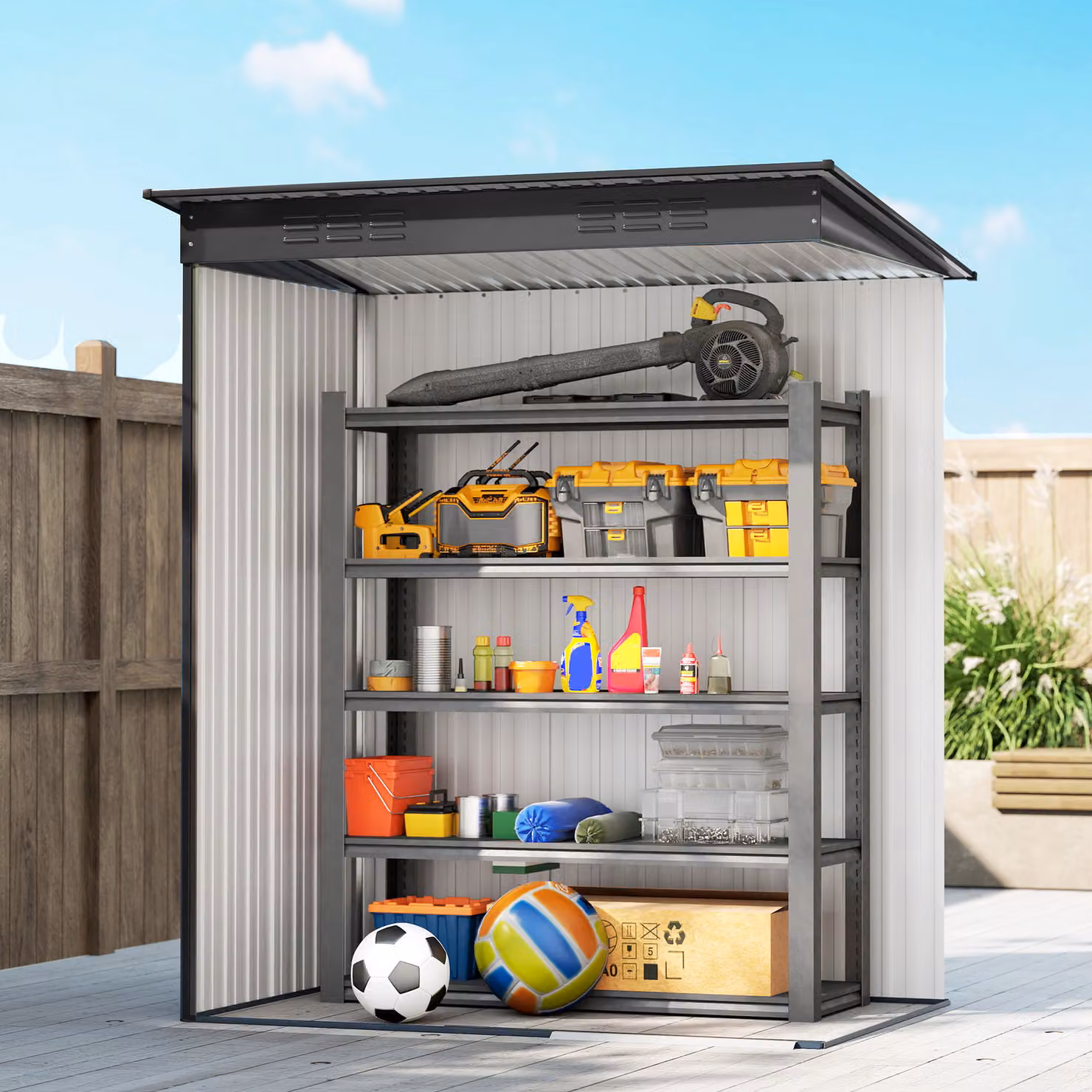 Outsunny Metal Garden Storage Shed in Dark Grey, Waterproof Pent Style Outdoor Lean-to Shed with Sliding Doors and Side Vent – 7