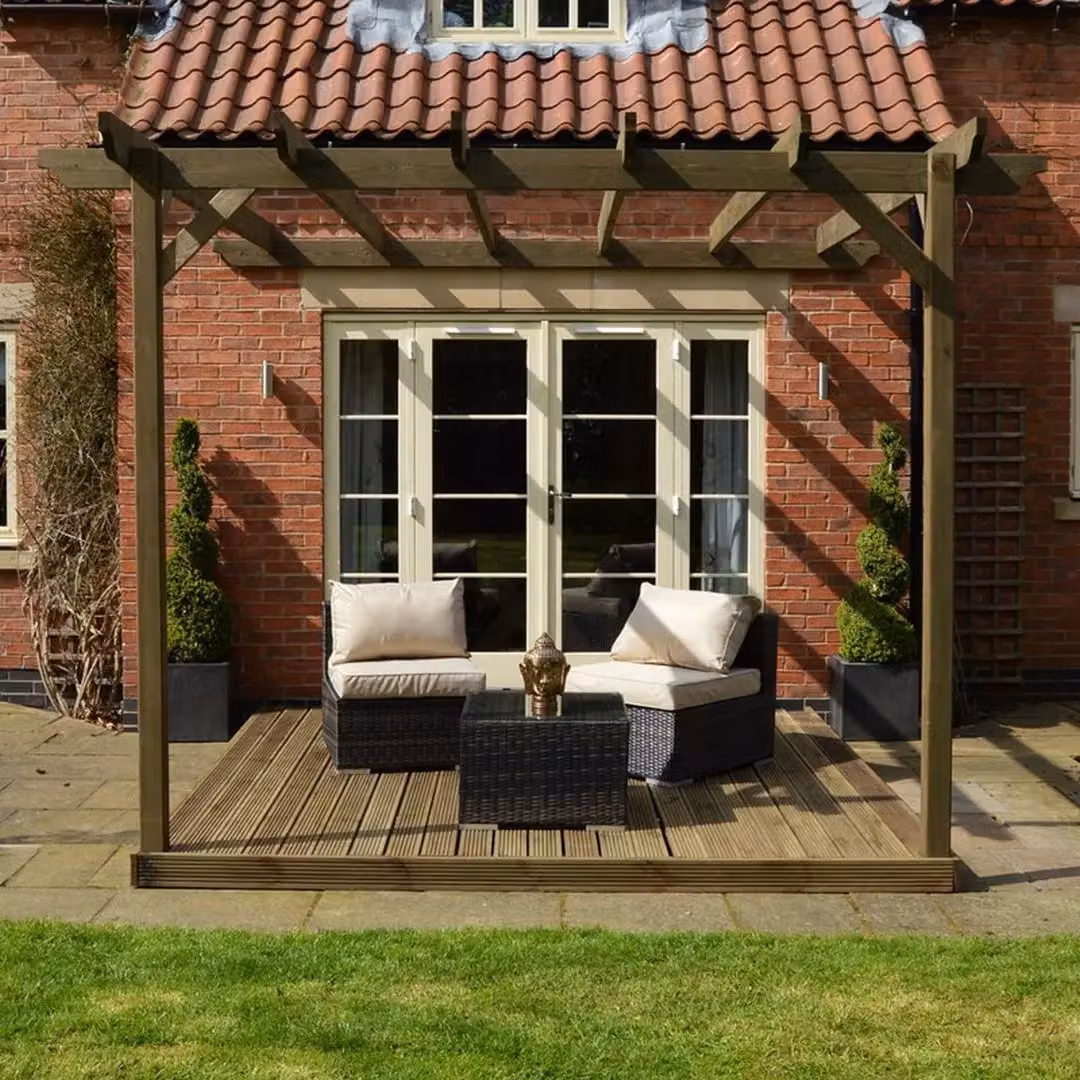 Rutland County Garden Furniture Ltd Wall Mounted Lean-to Garden Pergola and Decking Kit, Brown, W: 420 cm, L: 420 cm – 2