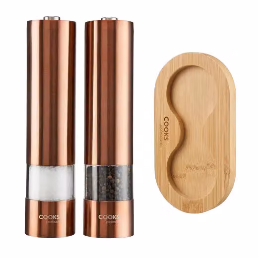 Cooks Professional Electric Salt and Pepper Mill Set with Bamboo Base in Copper – 2
