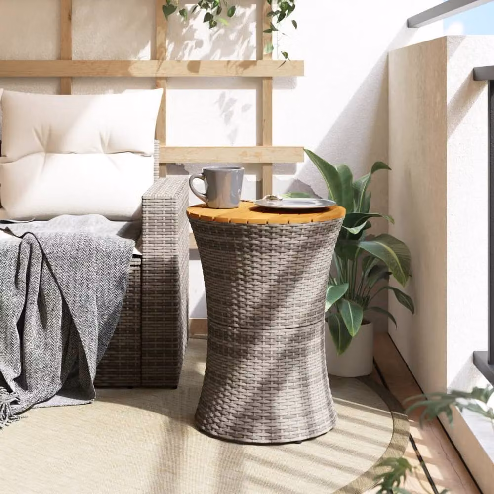 Berkfield Home Garden Drum Shape Side Table in Grey Poly Rattan and Acacia Wood – 3