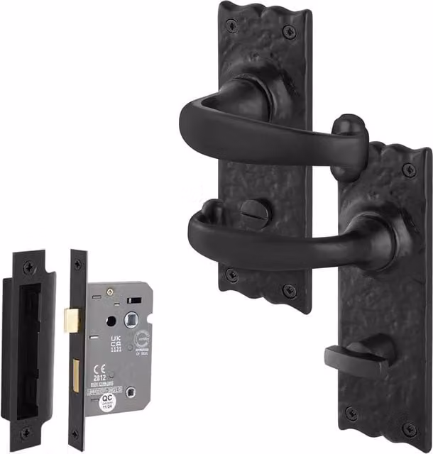 AFIT Black Antique Cast Iron Bathroom Door Handles with WC Lock, 1 Pair, W/H: 15 x 15 cm