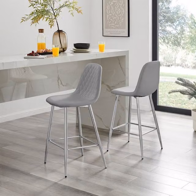 FurnitureboxUK Corona Faux Leather Upholstered Kitchen Breakfast Bar Chair in Grey with Silver Metal Legs