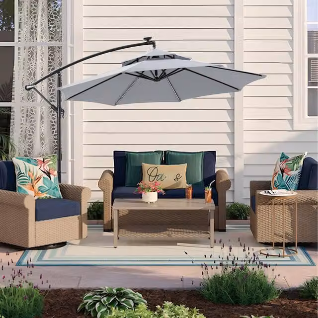 Livingandhome Garden Cantilever Parasol with Cross Base and Lights, Double Top, Dark Grey