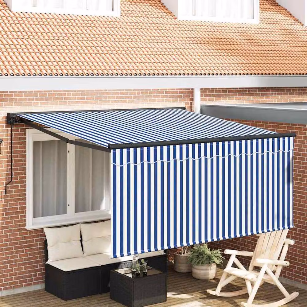 Berkfield Home Manual Retractable Folding Arm Awning in Blue and White, W: 350 cm, D: 250 cm – 2