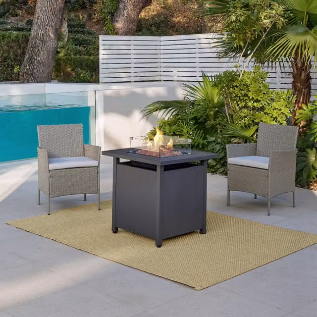 GRS Grey PE Rattan Bistro Set with Fire Pit Dining Table and Steel Frame