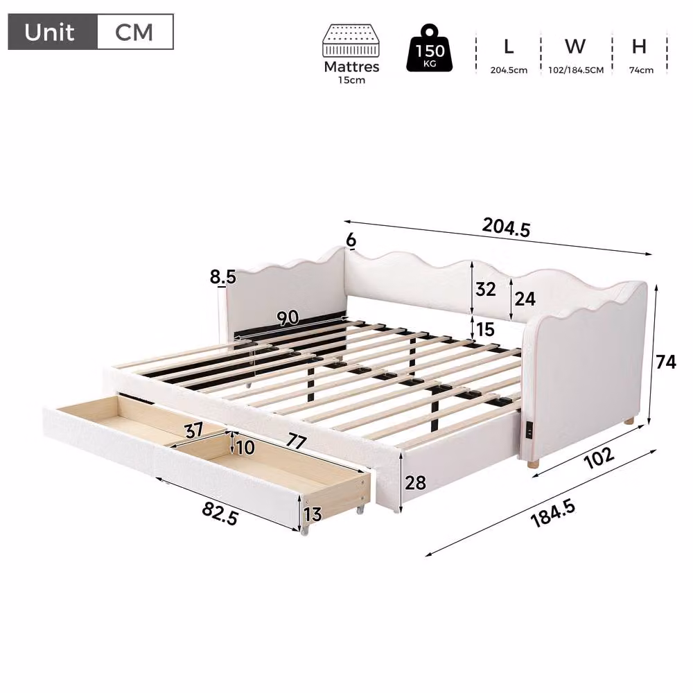 ModernLuxe Upholstered Single Daybed with Pull Out Trundle, 2 Drawers and USB Charging Port in Beige, W/D/H: 190 x 180 x 74 cm – 2
